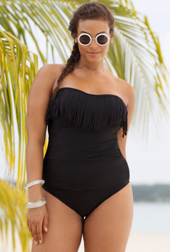 Black Fringe Bandeau One Piece Swimsuit Plus Size Swimwear