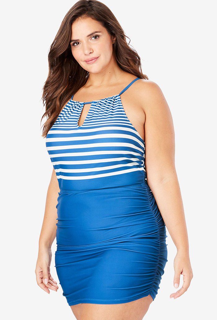 Blue Striped Keyhole Shirred Halter Swimdress Plus Size Swimwear