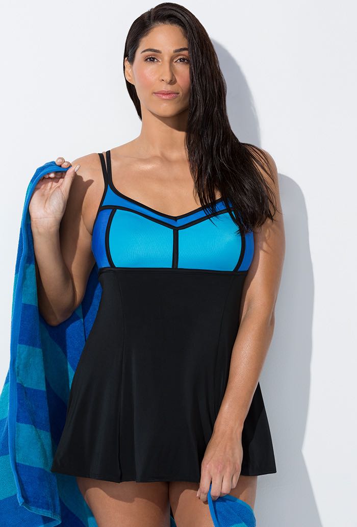 Longitude Chlorine Resistant Colorblock Swimdress Plus Size Swimwear
