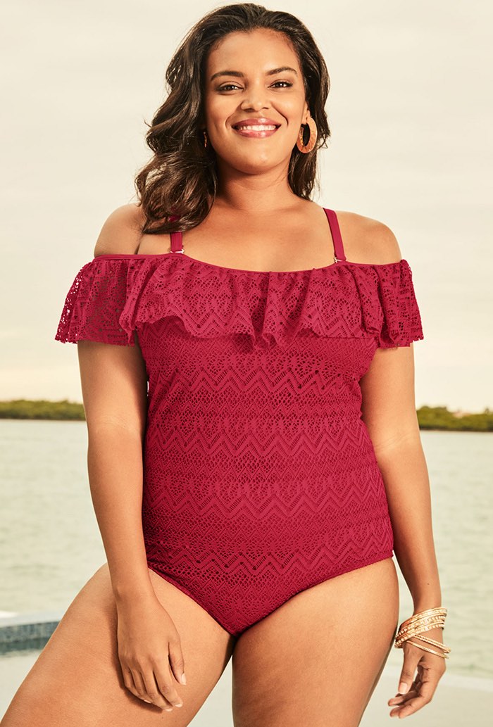 Red Off The Shoulder Ruffle One Piece Swimsuit Plus Size Swimwear