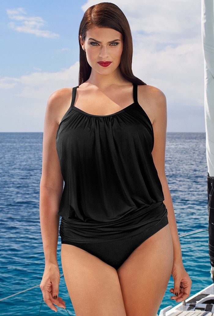 Black Lightweight Blouson Tankini Plus Size Swimwear
