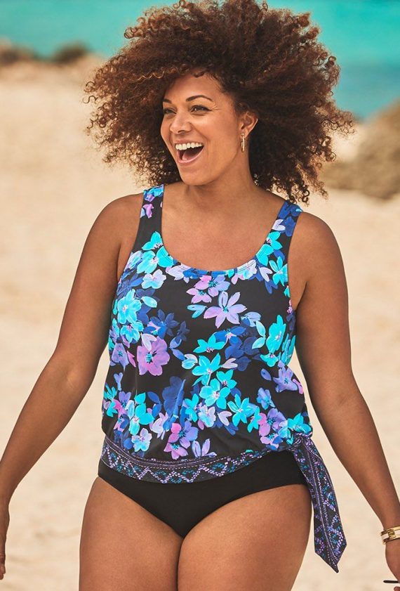 Blue Iris Side Tie Blouson Tankini Top Plus Size Swimwear