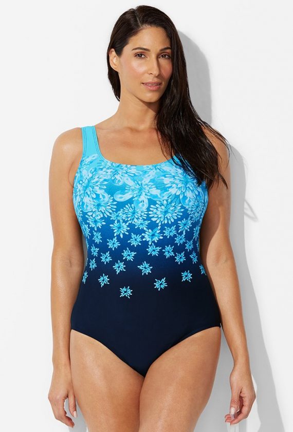 Chlorine Resistant Exploded Blue Floral Sport One Piece Swimsuit Plus Size Swimwear