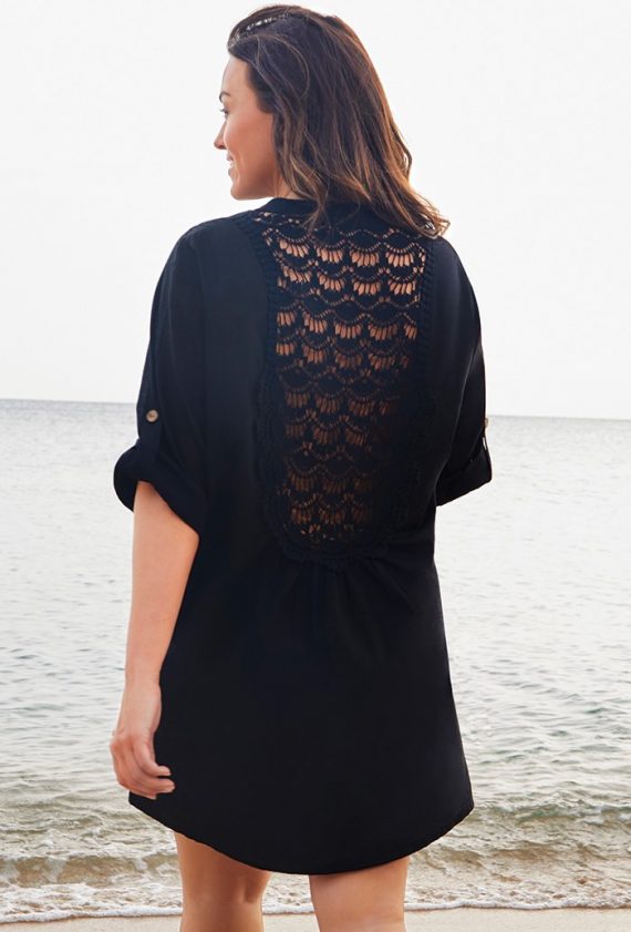 Gemma Black Crochet Button Up Shirt Plus Size Swimwear