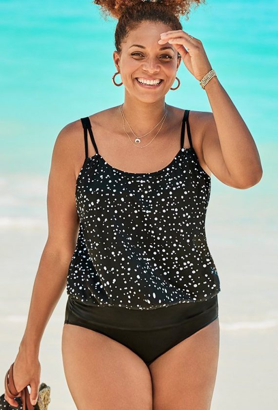 Pearl Loop Strap Blouson Tankini Set Plus Size Swimwear